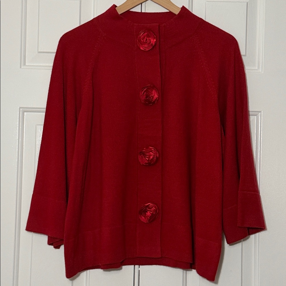 Vintage Style Red Rose Button Sweater Jacket XL